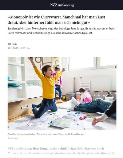 Ludologie Presse: Neue Züricher Nachrichten, NZZ: Warum spielen zum Menschen gehört.